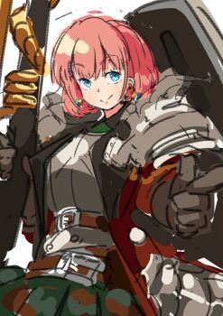  1girl absurdres armor blue_eyes dragoon_(sekaiju) dragoon_4_(sekaiju) earrings etrian_odyssey gun highres holding holding_gun holding_weapon jewelry misomaru pink_hair rifle sekaiju_no_meikyuu sekaiju_no_meikyuu_5 short_hair solo unfinished weapon 