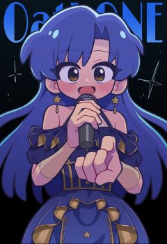  1girl bare_shoulders black_background blue_dress blue_hair blush brown_eyes commentary dress earrings fis_(t83192933) frilled_dress frills highres holding holding_microphone idolmaster idolmaster_(classic) jewelry kisaragi_chihaya long_hair looking_at_viewer microphone open_mouth pointing pointing_at_viewer smile solo star_(symbol) star_earrings straight-on symbol-only_commentary upper_body 