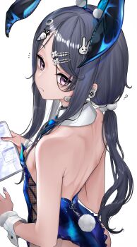 1girl ? animal_ear_hairband animal_ears ass bandaid bandaids_on_nipples bare_shoulders black_hair breasts exia_(hacker_rabbit)_(nikke) exia_(nikke) fake_animal_ears fur-trimmed_wrist_cuffs goddess_of_victory:_nikke hair_ornament hairband hairpin hashtag-only_commentary highres long_hair looking_at_viewer low_twintails molar_breaker nail_polish pasties playboy_bunny purple_eyes rabbit_ear_hairband rabbit_ears simple_background small_breasts tablet_pc twintails undersized_breast_cup white_background 