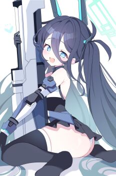  1girl :d aqua_halo aris_(armed)_(blue_archive) aris_(blue_archive) ass bare_shoulders black_gloves black_hair black_thighhighs blue_archive blue_eyes from_side gloves hair_between_eyes halo headgear heart heart-shaped_pupils highres holding holding_weapon hugging_object leotard loli long_hair long_hair_between_eyes looking_at_viewer looking_to_the_side mecha_musume mechanical_arms multicolored_leotard official_alternate_costume open_mouth railgun rectangular_halo ringed_eyes simple_background sitting smile solo symbol-shaped_pupils thighhighs twintails utakapen very_long_hair wariza weapon white_background 