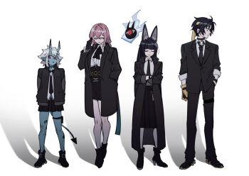  1boy 3girls adjusting_eyewear animal_ear_fluff animal_ears asaba_harumasa black_choker black_gloves black_hair black_jacket black_necktie black_ribbon black_shoes black_skirt blue_horns blue_oni blue_skin blue_tail blunt_bangs choker closed_eyes collared_shirt colored_skin crossed_arms dress_shirt fox_ears fox_girl ghost_in_the_shell_lineup glasses gloves hair_between_horns hand_in_pocket headband high-waist_skirt highres hollow_special_operations_section_6_(zenless_zone_zero) horns hoshimi_miyabi jacket multicolored_horns multiple_girls necktie offnanoda oni pencil_skirt pink_hair red_eyes ribbon shadow shirt shoes simple_background skin-covered_horns skirt soukaku_(zenless_zone_zero) thigh_strap tsukishiro_yanagi two-tone_horns two-tone_tail white_background white_hair white_shirt yellow_gloves yellow_headband zenless_zone_zero 