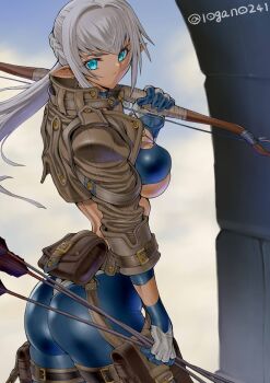  1girl ass ass_focus back black_gloves blue_eyes breasts butt_crack commentary_request cropped_jacket dark-skinned_female dark_elf dark_skin elf from_behind gloves highres holding jacket kasaki_yoshihiko large_breasts long_hair looking_at_viewer looking_back original pointy_ears solo thighs weapon 