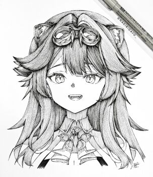  1girl animal_ear_fluff animal_ears commentary cropped_shoulders english_commentary eyewear_on_head fangs greyscale hololive hololive_english long_hair monochrome nakiri_virus open_mouth parted_bangs pen_(medium) photo_(medium) raora_panthera shirt smile solo traditional_media virtual_youtuber wing_collar 
