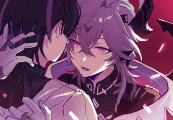 2boys dragon_boy dragon_horns dragon_wings durin_(genshin_impact) genshin_impact gloves hand_on_another's_head hashtag-only_commentary horns jewelry looking_at_another male_focus multiple_boys multiple_rings open_mouth pink_eyes red_background ring scaramouche_(genshin_impact) teki_(kakari) wanderer_(genshin_impact) white_gloves wings