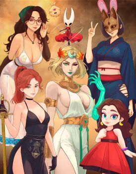  6+girls absurdres alma_(monster_hunter_wilds) ancient_greek_clothes animal_ears arthropod_girl asymmetrical_arms bandana black-framed_eyewear black_choker black_dress black_eyes black_gloves black_hair black_sclera black_skin blonde_hair blue_eyes blue_kimono bone bracelet breasts brown_eyes brown_hair choker clair_obscur:_expedition_33 cleavage cloak closed_mouth colored_sclera colored_skin donkey_kong_(series) donkey_kong_bananza dress earrings eyeshadow fox_mask freckles glasses gloves glowing_arm greco-roman_clothes green_bandana green_eyes green_lips hades_(series) hades_2 hairband heterochromia highres holding holding_sword holding_weapon hollow_eyes hollow_knight hollow_knight:_silksong horned_mask hornet_(hollow_knight) horns japanese_clothes jewelry kimono large_breasts laurel_crown long_hair looking_at_viewer maelle_(clair_obscur:_expedition_33) makeup mask medium_breasts melinoe_(hades) mismatched_sclera monster_hunter_(series) monster_hunter_wilds multiple_girls necklace needle_(hollow_knight) nintendo obi pauline_(mario) pauline_(young)_(mario) pelvic_curtain pink_eyeshadow pink_hairband ponytail purple_eyeshadow rabbit_ears rapier red_cloak red_dress red_eyes red_hair sash shimizu_hinako short_hair side_slit silent_hill_(series) silent_hill_f skeletal_arm sleeveless sleeveless_dress smile sword the_game_awards torn_clothes truejekart v weapon white_dress white_mask 