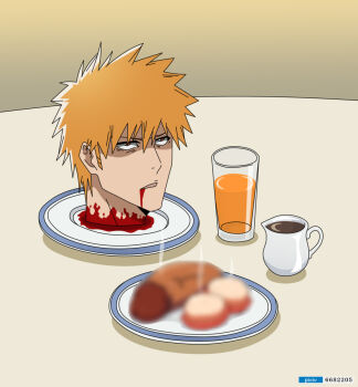 1boy bleach blood blood_on_face blood_on_neck cannibalism castration censored coffee coffee_mug cup death decapitation disembodied_head disembodied_testicles dying ero_guro gay gp007 guro imminent_death juice kurosaki_ichigo male male_dying male_gore mug orange_hair orange_juice penis red_eyes severed_head severed_penis severed_testicles testicles yaoi
