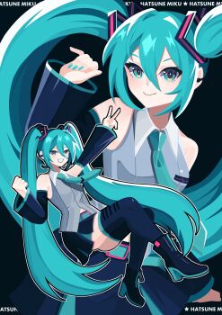  1girl absurdres aqua_eyes aqua_nails aqua_necktie arm_up bare_shoulders black_background black_boots black_skirt black_sleeves black_thighhighs bobamiruku boots breasts character_name closed_mouth detached_sleeves earpiece floating grey_shirt grin hair_between_eyes hair_ornament hand_up hatsune_miku_(vocaloid6) heart heart_hair_ornament high_heel_boots high_heels highres long_hair miniskirt multiple_views necktie projected_inset shirt simple_background skirt sleeveless sleeveless_shirt smile thighhighs tie_clip twintails v very_long_hair vocaloid 