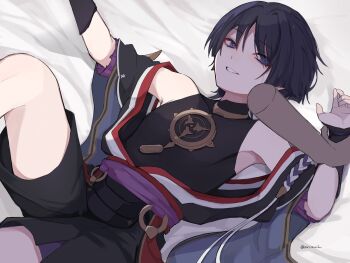  2boys arirurih artist_name bishounen black_bodysuit blue_eyes bodysuit commentary_request disembodied_hand genshin_impact highres holding_another's_wrist lying multiple_boys on_back pinned scaramouche_(genshin_impact) shorts smile teeth yaoi  rating:Questionable score:9 user:danbooru