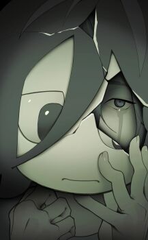  12d3c4l5 1other angel_martinez animification broken_mask clinical_trial_(game) crack cracked_kawaii_mask cracked_mask crying crying_with_eyes_open frown hand_on_own_face highres mask masked portrait solo tears toon_(style) 