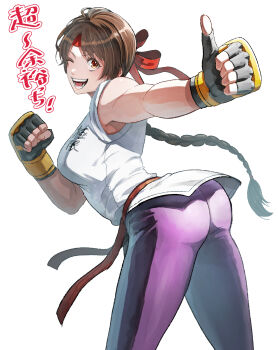 1girl absurdres aosa_(jmzg2528) ass braid braided_ponytail breasts brown_eyes brown_hair commentary_request dougi fingerless_gloves gloves headband highres large_breasts long_hair looking_at_viewer one_eye_closed open_mouth ryuuko_no_ken simple_background single_braid smile solo spandex the_king_of_fighters white_background yuri_sakazaki 