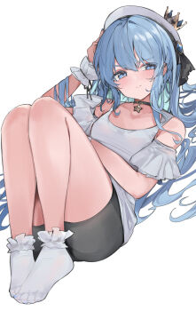  1girl alternate_costume appleseed_(appleseed_art) aqua_hair asymmetrical_sidelocks beret black_choker black_shorts blue_eyes blue_hair blush breasts choker closed_mouth colored_inner_hair commentary_request double-parted_bangs feet flat_chest frilled_socks frills full_body hair_between_eyes hand_on_own_head hand_up hat highres hololive hoshimachi_suisei knees_up long_hair looking_at_viewer lying multicolored_hair no_shoes off-shoulder_shirt off_shoulder on_back pendant_choker shirt short_shorts short_sleeves shorts sidelocks simple_background small_breasts socks solo star_(symbol) star_in_eye symbol_in_eye toes toes_visible_through_clothing very_long_hair virtual_youtuber white_background white_hat white_shirt white_socks wrist_cuffs 