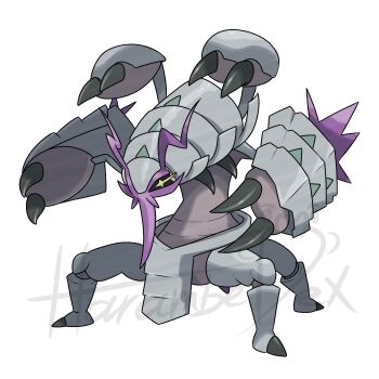  antennae armor black_claws black_sclera colored_sclera colored_skin cross-shaped_pupils extra_arms extra_legs facial_hair gen_7_pokemon giant_isopod goatee golisopod grey_skin harambedex highres isopod mega_golisopod mega_pokemon multicolored_skin mustache nintendo no_humans pokemon pokemon_(creature) pokemon_focus purple_skin purple_trim symbol-shaped_pupils two-tone_skin v-shaped_eyes yellow_eyes 