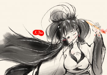  1girl black_hair blush breasts cleavage commentary_request eyeshadow hair_ornament holding holding_paintbrush ink_wash_painting kanzashi large_breasts long_hair makeup mixed_media one_eye_closed original paintbrush red_eyeshadow reige_tsuruha spot_color 