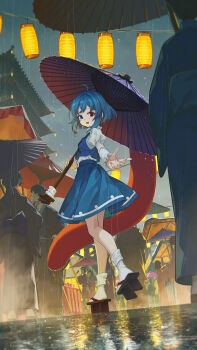  1girl ahoge banjie blue_hair blue_skirt blue_vest chinese_commentary commentary_request commission geta heterochromia highres holding holding_umbrella house japanese_clothes kimono lantern looking_at_viewer multiple_boys multiple_girls oil-paper_umbrella outdoors paper_lantern people rain reflection reflective_liquid shirt short_hair skirt solo_focus tatara_kogasa touhou town umbrella vest white_shirt 