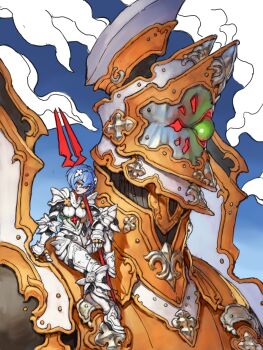  1girl alternate_costume alternate_universe armor ayanami_rei blue_background blue_hair boobplate boots breastplate breasts closed_mouth commentary couter crotch_plate cuirass cuisses english_commentary fantasy faulds full_body gauntlets gorget greaves hair_between_eyes headgear highres holding holding_polearm holding_weapon knight lance_of_longinus_(evangelion) looking_at_viewer making-of_available mecha medium_breasts neon_genesis_evangelion nrcgray paid_reward_available pauldrons plate_armor polearm poleyn red_eyes robot sabaton short_hair shoulder_armor sitting solo thigh_armor weapon white_armor 