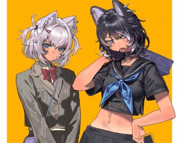  2girls animal_ear_piercing animal_ears bandaid bandaid_on_face black_choker black_hair black_serafuku black_shirt black_skirt blazer blue_eyes blue_neckerchief bow bowtie carrying_over_shoulder choker closed_mouth cowboy_shot cropped_shirt dog_ears dog_girl furrowed_brow grey_hair grey_jacket grey_skirt hair_between_eyes hair_ornament hairclip hand_up hashtag-only_commentary jacket kmnz long_sleeves looking_at_viewer medium_hair multicolored_hair multiple_girls navel neckerchief nero_(kmnz) o-ring o-ring_choker open_mouth pleated_skirt red_bow red_bowtie school_uniform serafuku shirt short_hair short_sleeves simple_background skirt streaked_hair tina_(kmnz) two_side_up virtual_youtuber white_hair yang_yu_sanjiao yellow_background 