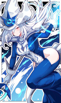  1girl absurdres blue_dress blush breasts clothing_cutout daiichi_(k_daiiti) dress duel_monster gloves hair_over_one_eye hat highres hip_vent holding holding_staff holding_wand large_breasts long_hair long_sleeves looking_at_viewer red_eyes side_slit silent_magician solo staff tabard wand white_gloves white_hair white_hat white_tabard wizard_hat yu-gi-oh! 
