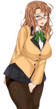  1girl blue_eyes blush breasts brown_hair embarrassed female_focus flying_sweatdrops glasses highres huge_breasts image_sample long_hair looking_at_viewer maru_(maruttona) minoru_oba original pantyhose pixiv_sample resized school_uniform simple_background skirt solo thighband_pantyhose white_background 