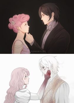  1boy 1girl alternate_costume alternate_hairstyle artist_name black_background black_eyes black_hair black_jacket blazer blood blood_on_cheek blood_on_clothes blood_on_hands bloody_tears bow bowtie closed_mouth collar collared_shirt commentary couple cracked_skin dress earrings english_commentary eye_contact eyelashes flower frilled_collar frilled_sleeves frills from_side gem green_eyes hair_bun hair_flower hair_ornament half-closed_eyes hand_on_another's_cheek hand_on_another's_chin hand_on_another's_face haruno_sakura height hetero highres jacket jewelry juliet_sleeves long_hair long_sleeves looking_at_another naruto_(series) pale_color pearl_(gemstone) pink_dress pink_hair profile puffy_long_sleeves puffy_sleeves raised_inner_eyebrows sad shirt shoulder_necklace spaghetti_strap stroking_another's_chin teardrop_earrings tenartistt triple_bun uchiha_sasuke upper_body vest victorian wavy_hair white_background white_dress white_eyes white_hair white_shirt white_vest 