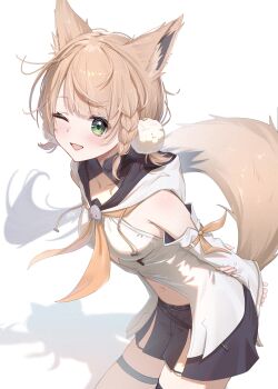  1girl ;d animal_ears arm_behind_back bare_shoulders black_shorts braid brown_hair collarbone commentary_request cosplay detached_sleeves drawstring fox_ears fox_girl fox_tail green_eyes hand_on_own_elbow highres hololive hood hood_down indie_virtual_youtuber kemonomimi_mode leaning_forward long_sleeves looking_at_viewer one_eye_closed open_mouth shadow shigure_ui_(vtuber) shirakami_fubuki shirakami_fubuki_(1st_costume) shirakami_fubuki_(cosplay) shorts simple_background skindentation sleeves_past_wrists smile solo tail thigh_strap toki_(toki_ship8) virtual_youtuber white_background white_sleeves wide_sleeves 