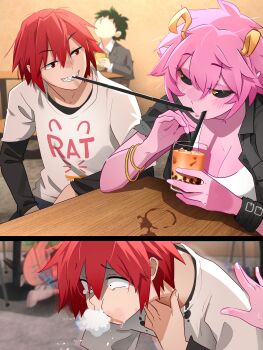  2boys 2girls 2koma absurdres ashido_mina black_sclera blush boku_no_hero_academia bracelet breasts bubble_tea burger chromatic_aberration cleavage clothes_writing collarbone colored_sclera colored_skin comic cosplay cup drinking drinking_straw drinking_straw_in_mouth foaming_at_the_mouth food hagakure_toru hakos_baelz hakos_baelz_(cosplay) highres holding holding_burger holding_cup holding_food hololive hololive_english horns implied_fellatio jewelry khyle. kirishima_eijiro medium_breasts midoriya_izuku multiple_boys multiple_girls pink_skin red_eyes red_hair shared_straw sharp_teeth shirt short_hair silent_comic sitting tears teeth turn_pale virtual_youtuber white_shirt yellow_eyes yellow_horns  rating:Sensitive score:22 user:Miyuki_Lust
