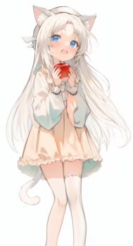1girl animal_ear_fluff animal_ears apple beret blue_eyes cat_ears cat_girl cat_tail commentary_request dress food fruit hat highres holding holding_food holding_fruit long_hair long_sleeves looking_at_viewer open_mouth original single_thighhigh solo standing tail teeth thighhighs upper_teeth_only wangyq white_dress white_hair white_hat white_thighhighs rating:General score:25 user:danbooru