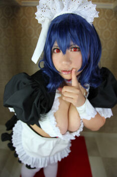 apron blue_hair breasts chouzuki_maryou cosplay large_breasts maid maid_apron maid_headdress photo_(medium) plump red_eyes seikon_no_qwaser thick_thighs thighhighs thighs yamanobe_tomo rating:Explicit score:6 user:H-Viruz