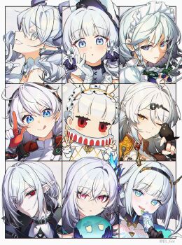  6+girls :q absurdres ahoge anemo_slime_(genshin_impact) arknights azur_lane bird bird_on_hand black_gloves blue_eyes blush breasts card closed_mouth collarbone color_connection commentary dl_(dl_6ix) double_v duel_monster earrings eudie_(shadowverse) eyes_visible_through_hair finger_gun fingerless_gloves genshin_impact gladiia_(arknights) gloves grey_eyes grey_hair grey_horns grin hair_between_eyes hair_color_connection hair_intakes hair_ornament hair_over_one_eye hairband hand_on_own_face hat highres holding holding_card holding_knife honkai_(series) honkai_impact_3rd horns hydro_slime_(genshin_impact) illustrious_(azur_lane) index_finger_raised izayoi_sakuya jewelry kai-ri-sei_million_arthur kiana_kaslana knife long_hair looking_at_viewer lovely_labrynth_of_the_silver_castle maid_headdress medium_breasts mihoyo million_arthur_(series) mole mole_under_eye multicolored_eyes multiple_drawing_challenge multiple_girls multiple_knives one_eye_closed parted_lips pointy_ears portrait red_eyes shadowverse shadowverse:_worlds_beyond side_ahoge skirk_(genshin_impact) slime_(genshin_impact) smile symbol-only_commentary symbol-shaped_pupils tongue tongue_out touhou twitter_username two-tone_eyes uasaha upper_body v v-shaped_eyebrows white_gloves white_hair white_hat yellow_eyes yixuan_(zenless_zone_zero) yu-gi-oh! zenless_zone_zero 