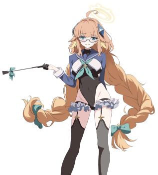  1girl ahoge aqua_neckerchief black_gloves black_leotard black_thighhighs blue-framed_eyewear blue_archive blue_shrug braid braided_twintails breasts commentary covered_navel cu_cu_cu feather_hair feathers feet_out_of_frame frilled_thigh_strap glasses gloves groin half_gloves halo halter_leotard halterneck highres holding holding_riding_crop impossible_clothes impossible_leotard large_breasts leotard long_hair looking_at_viewer low_twin_braids neckerchief official_alternate_costume orange_hair riding_crop shimiko_(blue_archive) shimiko_(magical)_(blue_archive) shrug_(clothing) simple_background solo thigh_strap thighhighs twin_braids white_background yellow_feathers yellow_halo 