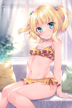  1girl bikini bikini_skirt blonde_hair breasts commentary_request couch curtains feet_out_of_frame frilled_bikini frills gochuumon_wa_usagi_desu_ka? green_eyes highres indoors inuneko kirima_syaro loli looking_at_viewer navel orange_bikini ruffle_bikini short_hair sitting small_breasts solo swimsuit twintails window 