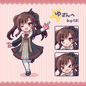  &gt;:) &gt;_&lt; 1girl :d ;d black_dress black_ribbon black_shoes bow bowtie brown_hair closed_eyes closed_mouth commentary_request dress full_body hair_ribbon long_hair long_sleeves looking_at_viewer multiple_views one_eye_closed open_mouth orange_eyes original outline outstretched_arm pantyhose pink_background pixel_art red_bow red_bowtie ribbon shadow shoes smile standing standing_on_one_leg star_(symbol) striped_background twintails uta_vit99 v-shaped_eyebrows vertical-striped_background white_outline white_pantyhose xd 