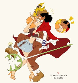  1boy 1girl artist_name bandages black_hair blush breasts cape cleavage kiss legs long_nose looking_at_another mask midriff nami_(one_piece) one_piece orange_hair skirt staff usopp 