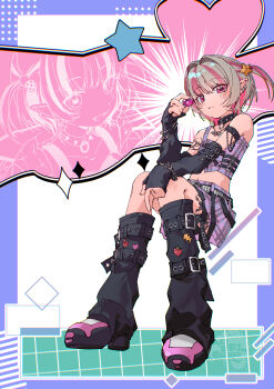  1girl :< absurdres alamp arm_belt arm_strap arm_warmers bare_shoulders bat_necklace belt belt_buckle black_arm_warmers black_belt black_collar black_leg_warmers black_straps blunt_bangs blush buckle chain chain_bracelet chain_necklace closed_mouth collar collarbone colored_inner_hair commentary_request crop_top earclip flame_print food_print fruit_print full_body gem grey_hair hair_intakes hair_ornament hand_up heart heart-shaped_gem heart_print highres holding holding_gem invisible_chair jewelry leg_belt leg_tattoo leg_warmers lightning_bolt_print looking_at_viewer loose_belt makaino_ririmu makaino_ririmu_(6th_costume) midriff miniskirt multicolored_hair multicolored_hair_bobbles multiple_belts navel necklace nijisanji no_headwear no_jacket o-ring_collar open_mouth pendant pink_gem pink_hair pink_shoes pink_skirt pink_streaks plaid_clothes plaid_skirt pleated_skirt pointy_ears projected_inset red_eyes shoes short_hair shoulder_tattoo sitting skirt sleeveless smile solo spiked_collar spikes star_(symbol) star_hair_ornament strawberry_print streaked_hair studded_belt tattoo thigh_strap two-tone_hair two_side_up virtual_youtuber watermark winged_heart winged_heart_tattoo wolf_cut 