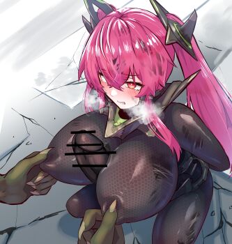  absurdres autopaizuri bodysuit breasts check_six_(natsukaze_shigure) commentary_request futanari genderswap genderswap_(mtf) hair_between_eyes highres huge_breasts impossible_bodysuit impossible_clothes impossible_leotard large_breasts leotard magical_girl masturbation natsukaze_shigure original paizuri pink_hair red_eyes skin_tight thighs twintails 