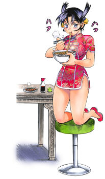  1girl :t absurdres bell breasts breath chair china_dress chinese_clothes chopsticks cleavage cleavage_cutout clothing_cutout commentary_request dress eating food full_body hair_bell hair_ornament highres holding holding_chopsticks kneeing large_breasts looking_at_viewer ma_renka matsuena_shun noodles official_art on_chair purple_eyes purple_hair ramen shijou_saikyou_no_deshi_ken'ichi short_dress short_hair side_slit simple_background solo table white_background 