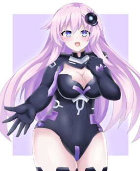  blue_eyes bodysuit boots breasts cleavage gloves hair_ornament hairclip happy highres long_hair matrixjudge medium_breasts nepgear neptune_(series) neptunia_(seires) open_mouth pink_hair purple_heart_(neptunia) purple_sister thighs very_long_hair  rating:General score:11 user:Dyna-Goose