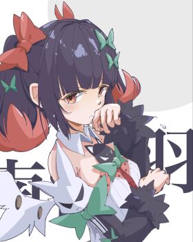  atorii_art black_hair blunt_bangs bow bowtie commentary_request dress hair_bow highres multicolored_hair nangong_yu red_eyes short_hair wings zenless_zone_zero 