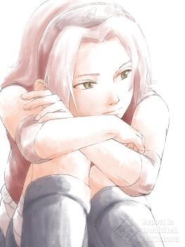  1girl chara_no7 commentary_request expressionless forehead_protector green_eyes hairband haruno_sakura highres hugging_own_legs looking_to_the_side naruto_(series) naruto_shippuuden pink_hair red_hairband sitting sleeveless solo twitter_username watermark 