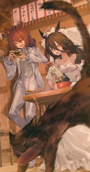  2girls :d :o ^_^ absurdres agnes_tachyon_(umamusume) ahoge animal animal_ears bare_shoulders black_cat blue_shirt bottle bowl breasts bridal_veil bride brown_hair buttons camera cat chair chopsticks cleavage closed_eyes collarbone collared_shirt detached_sleeves dress fang female_focus food formal_clothes gloves grey_vest groom hair_between_eyes heart heart_ahoge highres holding holding_camera holding_chopsticks horse_ears horse_girl horse_tail indoors jacket kumano_iroha long_bangs long_dress long_hair manhattan_cafe_(umamusume) medium_breasts medium_hair motion_blur mouth_hold multiple_girls noodles nori_(seaweed) open_mouth pants shirt shoes skewer skin_fang smile standing strapless strapless_dress suit table tail umamusume veil vest waistcoat wedding_dress white_dress white_gloves white_jacket white_pants white_shoes white_sleeves white_suit white_veil wife_and_wife yellow_eyes yuri 