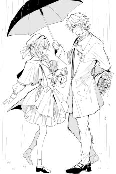  1boy 1girl anaxa_(honkai:_star_rail) anaxa_(impression)_(honkai:_star_rail) arm_behind_back artist_name bag blush bouquet bow capelet coat commentary couple dress flower full_body genderswap genderswap_(mtf) greyscale handbag hat hat_bow hetero highres holding holding_bag holding_bouquet holding_umbrella honkai:_star_rail honkai_(series) long_sleeves looking_at_another monochrome pants phainon_(honkai:_star_rail) rain rose short_hair smile socks umbrella untranslatable_commentary yu_(yyy6_y1_yy7) 