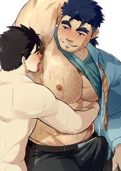  2boys armpit_hair arms_behind_head bara belt belt_buckle black_belt black_hair black_pants blue_eyes blue_hair blue_shirt blush buckle bulge chest_hair commission erection erection_under_clothes facial_hair forked_eyebrows gammei_(live_a_hero) grin highres hug katoributa_a large_pectorals licking licking_armpit live_a_hero looking_at_another male_focus male_protagonist_(live_a_hero) mature_male multiple_boys muscular muscular_male necktie nipples open_clothes open_shirt orange_necktie pants pectorals ponytail shirt short_hair short_ponytail sideburns simple_background skeb_commission smile stubble sweat thick_eyebrows topless_male undercut undershirt white_background 