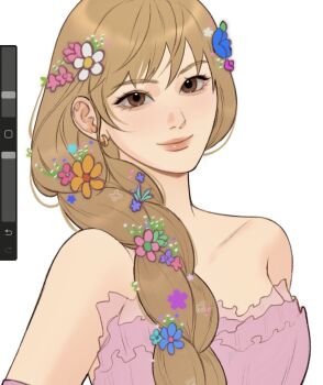  1girl aqua_flower asian blonde_hair blue_flower braid braided_ponytail commentary dress earrings english_commentary eyelashes flower flower_braid frilled_dress frills gold_earrings hair_flower hair_ornament hair_over_shoulder highres jewelry k-pop layered_dress le_sserafim light_smile lipgloss long_hair miyawaki_sakura mole mole_on_nose pink_dress pink_flower procreate_(medium) procreate_(software) purple_flower see-through_clothes see-through_dress simple_background tenartistt unfinished upper_body white_background white_flower wispy_bangs yellow_flower 