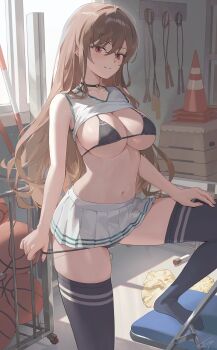  1girl artist_name ball bare_shoulders basketball_(object) black_bra black_panties black_thighhighs bra breasts brown_hair chair cheerleader choker cleavage closed_mouth clothes_lift clothes_pull collarbone commentary crop_top english_commentary green_trim gym_storeroom hair_between_eyes hair_intakes hand_on_own_thigh highres hurdle indoors jump_rope large_breasts long_hair looking_at_viewer micro_bra midriff miniskirt nail_polish navel original panties pink_nails pleated_skirt pom_pom_(cheerleading) red_eyes sejin shirt sideboob skirt smile solo standing standing_on_one_leg storage_room strap_pull string_bra string_panties striped_clothes striped_thighhighs thighhighs thighs traffic_cone underboob underwear vaulting_horse very_long_hair white_skirt window zettai_ryouiki 