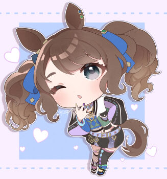  1girl absurdres animal_ears asymmetrical_footwear asymmetrical_legwear bandeau belt black_thighhighs blush breasts brown_hair chibi chibi_only collar crop_top cropped_jacket ear_ornament fishnet_thighhighs fishnet_top fishnets grey_eyes heart highres horse_ears horse_girl horse_tail jacket jewelry kurumiya_(krmy_p) long_hair long_sleeves looking_at_viewer midriff mismatched_footwear mismatched_legwear multicolored_nails navel one_eye_closed open_mouth purple_belt purple_collar shirt shoes skirt solo striped_bandeau tail thighhighs tosen_jordan_(pop_joker)_(umamusume) tosen_jordan_(umamusume) twintails umamusume 