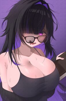  1girl absurdres bags_under_eyes bare_shoulders black-framed_eyewear black_hair blunt_bangs book breasts cardigan_partially_removed cleavage colored_inner_hair commentary dot_nose drooling glasses glowing glowing_eyes goddess_of_victory:_nikke hair_intakes hair_over_one_eye highres holding holding_book huge_breasts label_(nikke) messy_hair mole mole_on_breast multicolored_hair nervous_smile purple_background purple_eyes purple_hair skindentation smile solo sweat upper_body vieux wavy_mouth 