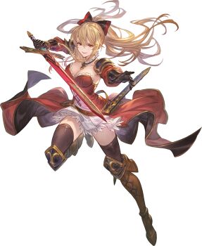  1girl black_thighhighs blonde_hair boots bow breasts cleavage dress dustloop_(site) full_body gauntlets granblue_fantasy granblue_fantasy_versus:_rising hair_bow highres holding holding_sword holding_weapon imai_asami knee_boots long_hair looking_at_viewer medium_breasts minaba_hideo official_art ponytail red_eyes sheath short_dress skirt smile solo sword tamara_ryan thighhighs transparent_background vira_(granblue_fantasy) voice_actor_connection weapon zettai_ryouiki 