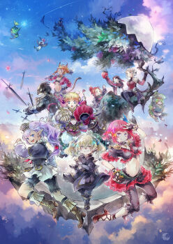  2boys 6+girls :d :o absurdres afumau_(final_fantasy) animal_ears aqua_eyes arciela_v_adoulin black_hair blonde_hair cat_ears cat_girl commentary_request crop_top crown dark-skinned_female dark_skin elf elvaan final_fantasy final_fantasy_xi galka green_hair highres holding holding_mace holding_weapon hoshino_miyuki hume iroha_(ff11) karaha-baruha kupipi lilisette long_hair looking_at_viewer low-tied_long_hair mace mini_crown mithra_(ff11) multiple_boys multiple_girls naja_salaheem navel open_mouth orange_hair pointy_ears prishe purple_eyes purple_hair reading red_hair shantotto short_twintails sitting smile sword tarutaru tree twintails weapon zeid 