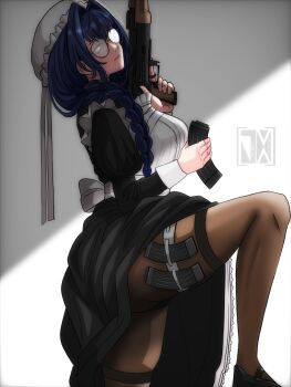  1girl ak-47 ammunition apron assault_rifle black_dress black_lagoon blue_eyes blue_hair braid breasts cosplay dress fanged_bangs frilled_hat frills from_side glasses gun hair_intakes hashtag-only_commentary hat highres holding holding_gun holding_weapon hololive hololive_english jasper_xandros kalashnikov_rifle large_breasts long_hair long_sleeves looking_at_viewer low_twin_braids maid maid_apron mob_cap official_alternate_hairstyle ouro_kronii ouro_kronii_(maid) pantyhose puffy_sleeves rifle roberta_(black_lagoon) roberta_(black_lagoon)_(cosplay) solo thigh_strap twin_braids victorian_maid virtual_youtuber weapon white_apron 