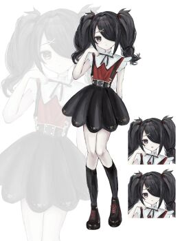  1girl 3oxxl ame-chan_(needy_girl_overdose) black_socks commentary hair_ornament hair_over_one_eye hand_on_own_stomach head_tilt highres knees_together_feet_apart multiple_expressions multiple_views neck_ribbon needy_girl_overdose red_shirt ribbon shirt short_twintails sidelocks skirt socks suspender_skirt suspenders twintails winged_sleeves x_hair_ornament zoom_layer 