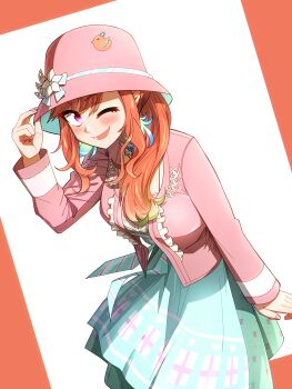  1girl absurdres bucket_hat cardigan ddolbang dirndl dress earrings feather_earrings feathers german_clothes green_dress hat highres hololive hololive_english jewelry kotori_(takanashi_kiara) long_hair official_alternate_costume one_eye_closed open_mouth orange_hair purple_eyes simple_background smile takanashi_kiara takanashi_kiara_(dirndl) virtual_youtuber 